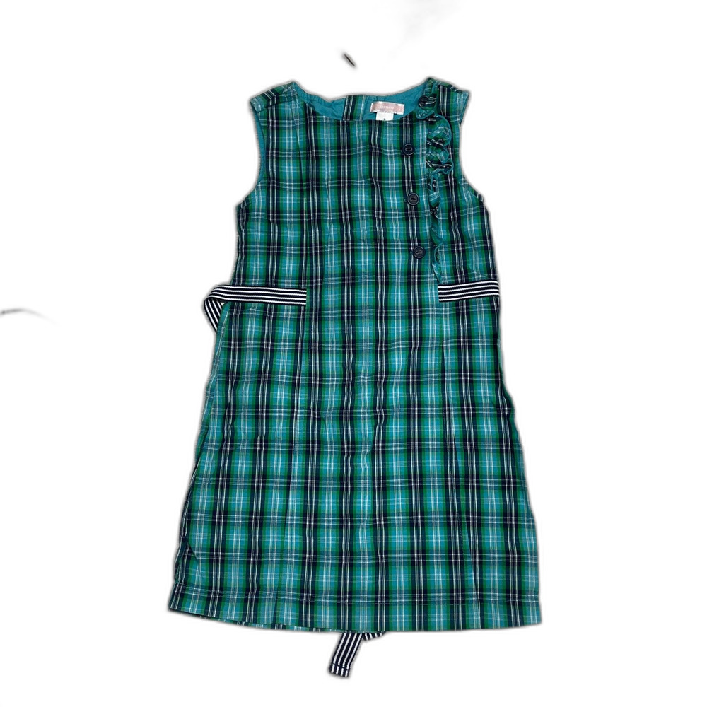 Old Navy 5T Girls summer spring plaid button ruffles green navy dress D50 - Picture 2 of 5